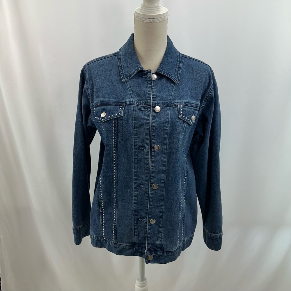 Quacker Factory Rhinestone Denim Jacket Women’s Small Blue Stretch Pockets - Picture 2 of 10
